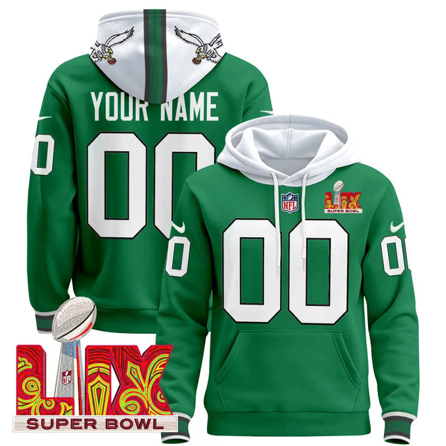 Philadelphia Eagles Super Bowl LIX Patch Custom Pullover Hoodie WHITE&GREEN.webp