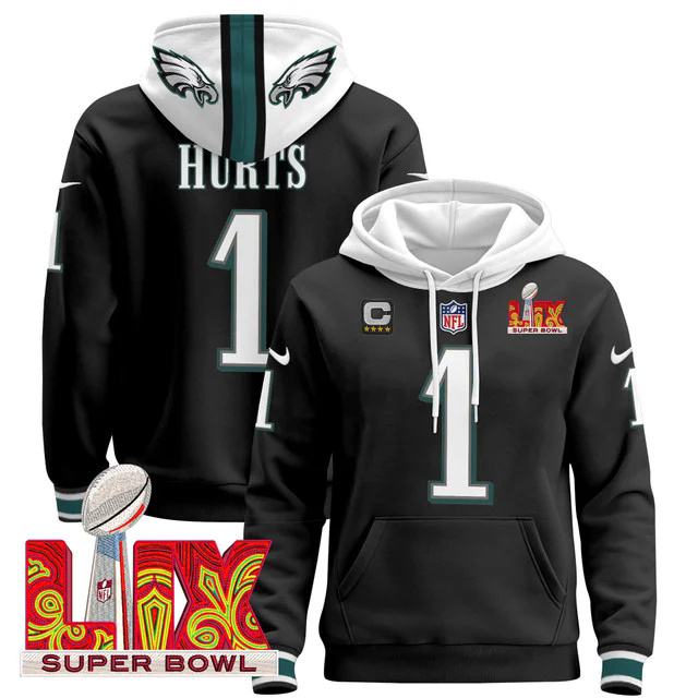 Philadelphia Eagles Super Bowl LIX Patch Pullover Hoodie BLACK #1 HURTS.webp