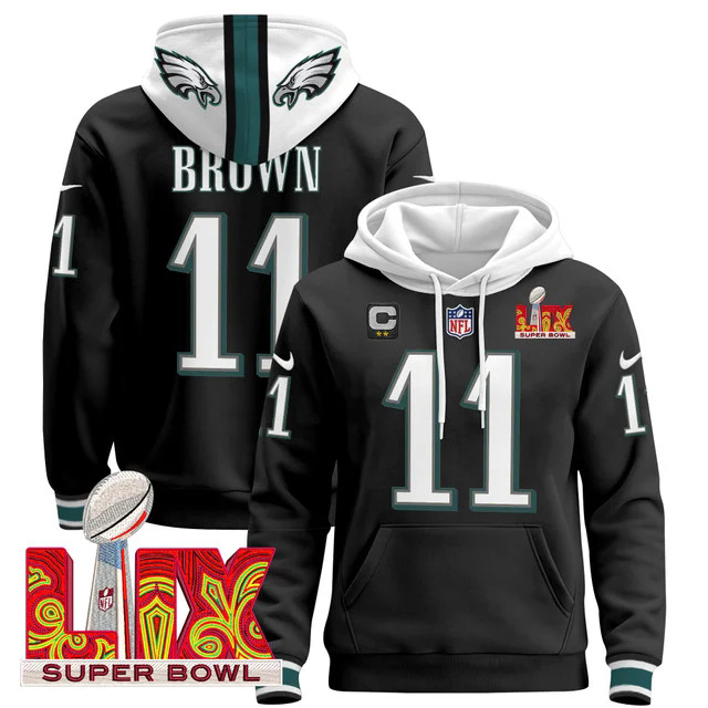 Philadelphia Eagles Super Bowl LIX Patch Pullover Hoodie BLACK #11 BROWN.webp
