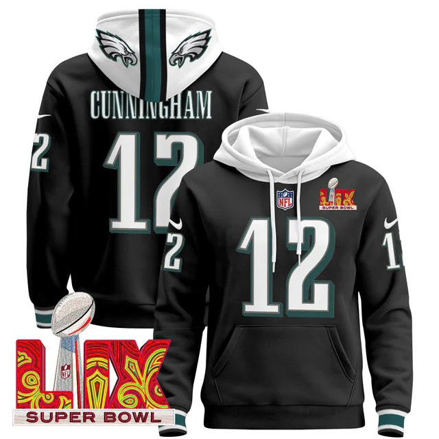 Philadelphia Eagles Super Bowl LIX Patch Pullover Hoodie BLACK #12 CUNNINGHAM.webp