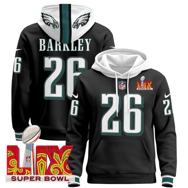 Philadelphia Eagles Super Bowl LIX Patch Pullover Hoodie BLACK #26 BARKLEY.webp