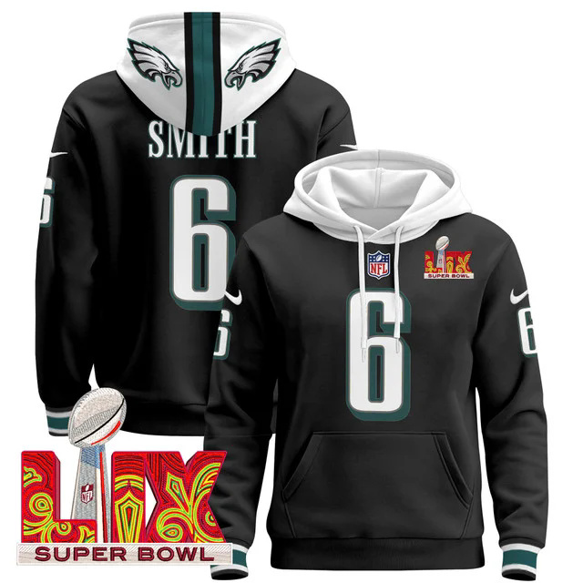 Philadelphia Eagles Super Bowl LIX Patch Pullover Hoodie BLACK #6 SMITH.webp