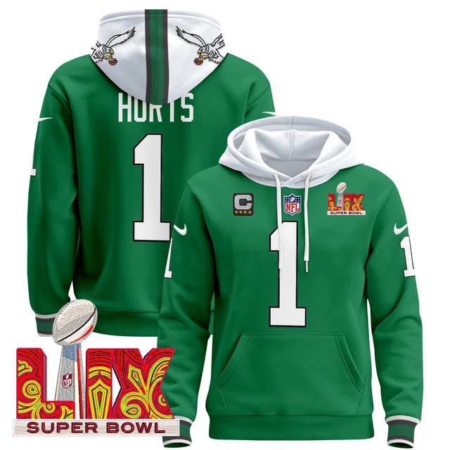Philadelphia Eagles Super Bowl LIX Patch Pullover Hoodie GREEN #1 HURTS.webp
