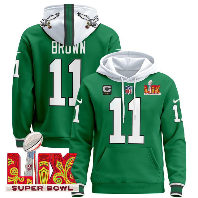 Philadelphia Eagles Super Bowl LIX Patch Pullover Hoodie GREEN #11 BROWN.webp