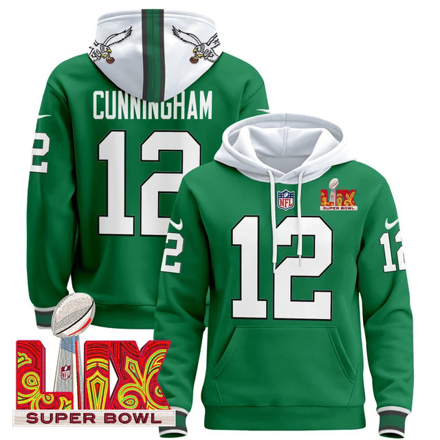 Philadelphia Eagles Super Bowl LIX Patch Pullover Hoodie GREEN #12 CUNNINGHAM.webp