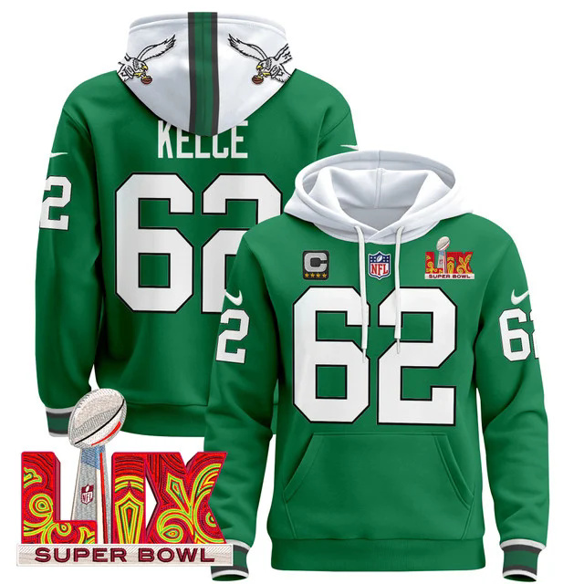 Philadelphia Eagles Super Bowl LIX Patch Pullover Hoodie GREEN #62 KELCE.webp