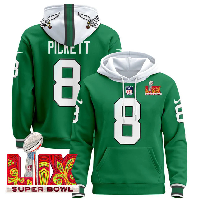 Philadelphia Eagles Super Bowl LIX Patch Pullover Hoodie GREEN #8 PICKETT.webp