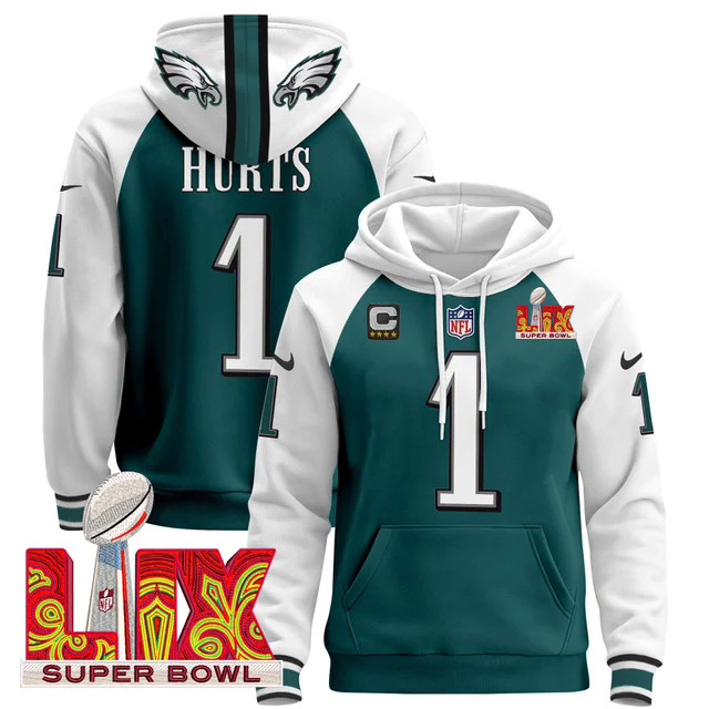 Philadelphia Eagles Super Bowl LIX Patch Pullover Hoodie GREEN&WHITE #1 HURTS.webp