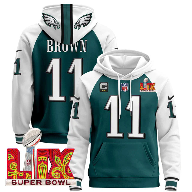 Philadelphia Eagles Super Bowl LIX Patch Pullover Hoodie GREEN&WHITE #11 BROWN.webp
