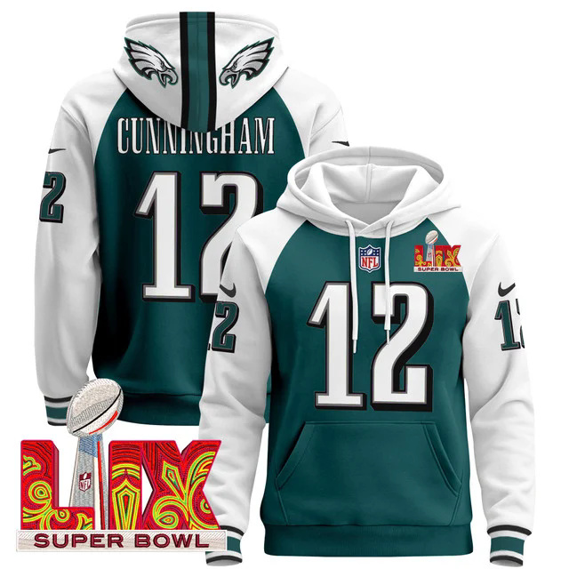 Philadelphia Eagles Super Bowl LIX Patch Pullover Hoodie GREEN&WHITE #12 CUNNINGHAM.webp