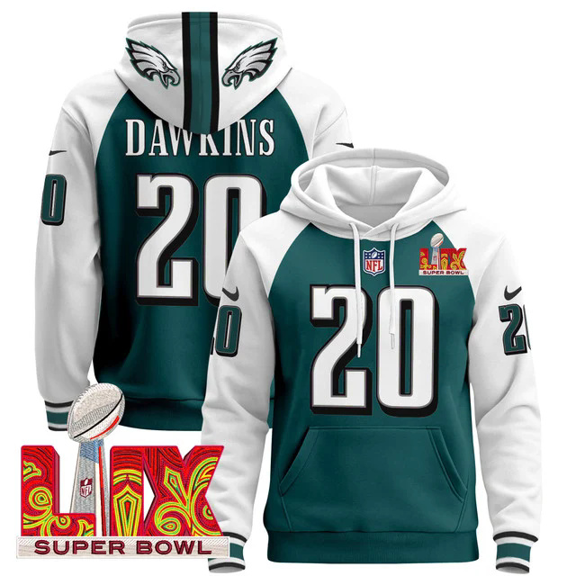 Philadelphia Eagles Super Bowl LIX Patch Pullover Hoodie GREEN&WHITE #20 DAWKINS.webp