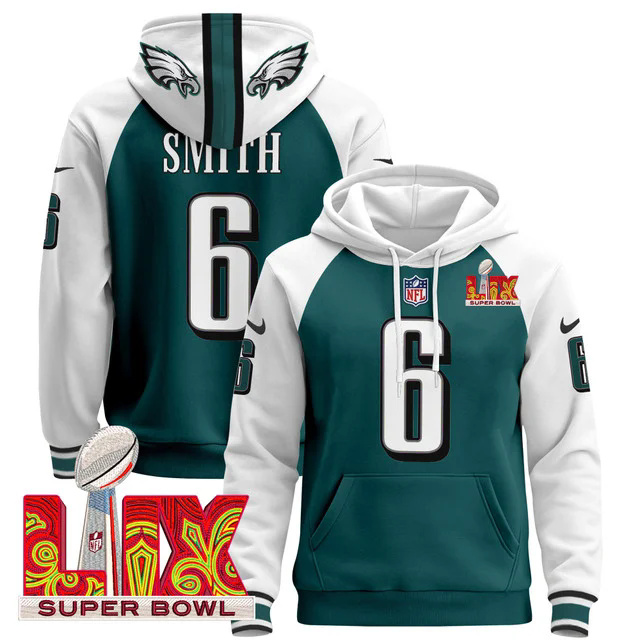 Philadelphia Eagles Super Bowl LIX Patch Pullover Hoodie GREEN&WHITE #6 SMITH.webp