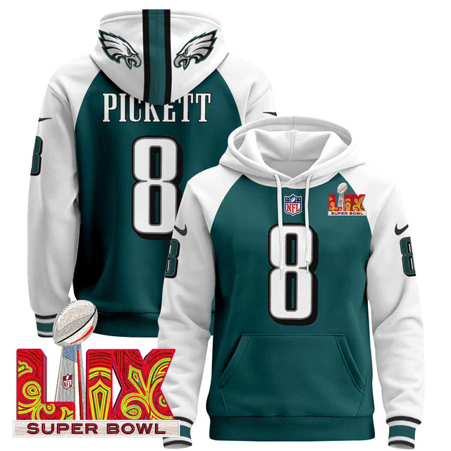 Philadelphia Eagles Super Bowl LIX Patch Pullover Hoodie GREEN&WHITE #8 PICKETT.webp