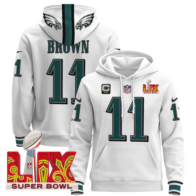Philadelphia Eagles Super Bowl LIX Patch Pullover Hoodie WHITE #11 BROWN.webp