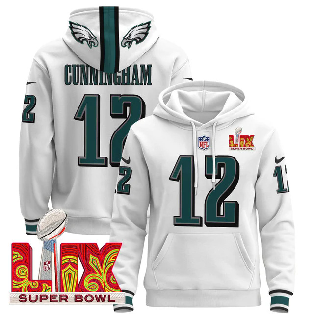 Philadelphia Eagles Super Bowl LIX Patch Pullover Hoodie WHITE #12 CUNNINGHAM.webp