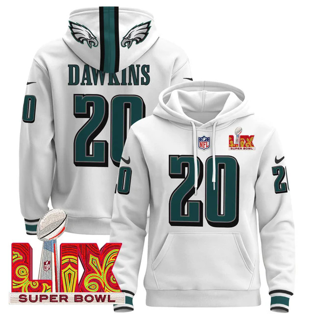 Philadelphia Eagles Super Bowl LIX Patch Pullover Hoodie WHITE #20 DAWKINS.webp