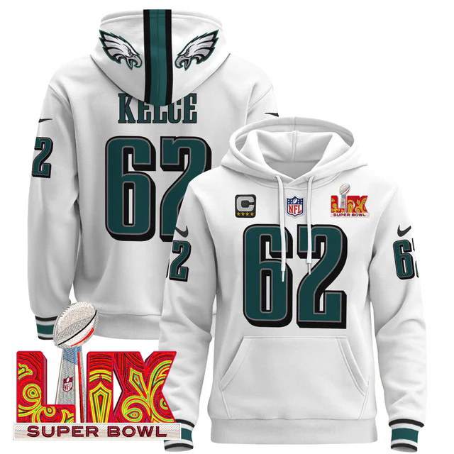 Philadelphia Eagles Super Bowl LIX Patch Pullover Hoodie WHITE #62 KELCE.webp