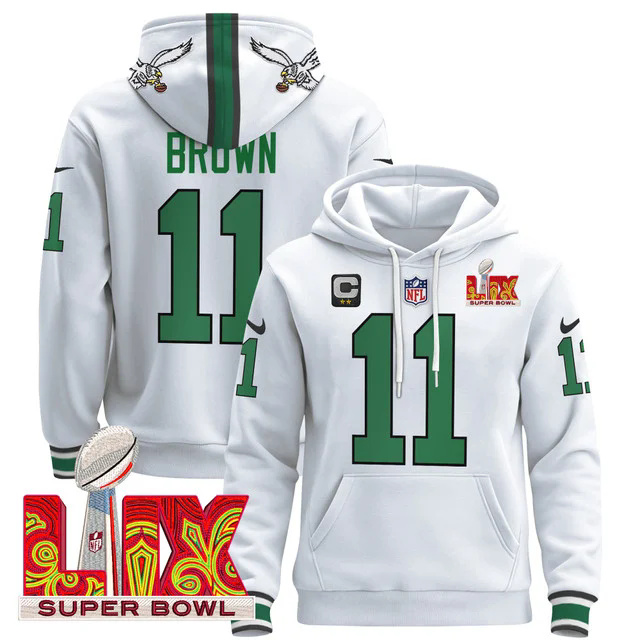 Philadelphia Eagles Super Bowl LIX Patch Pullover Hoodie WHITE1 #11 BROWN.webp