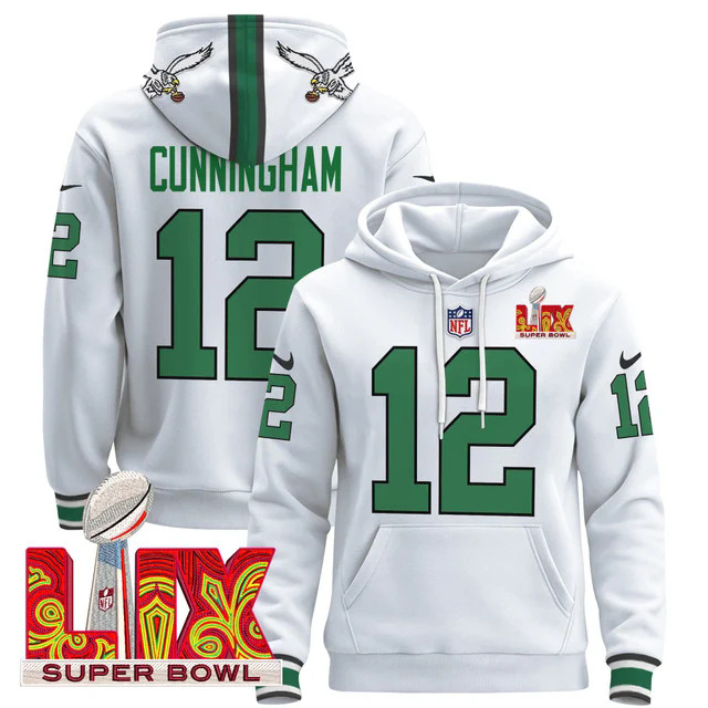 Philadelphia Eagles Super Bowl LIX Patch Pullover Hoodie WHITE1 #12 CUNNINGHAM.webp