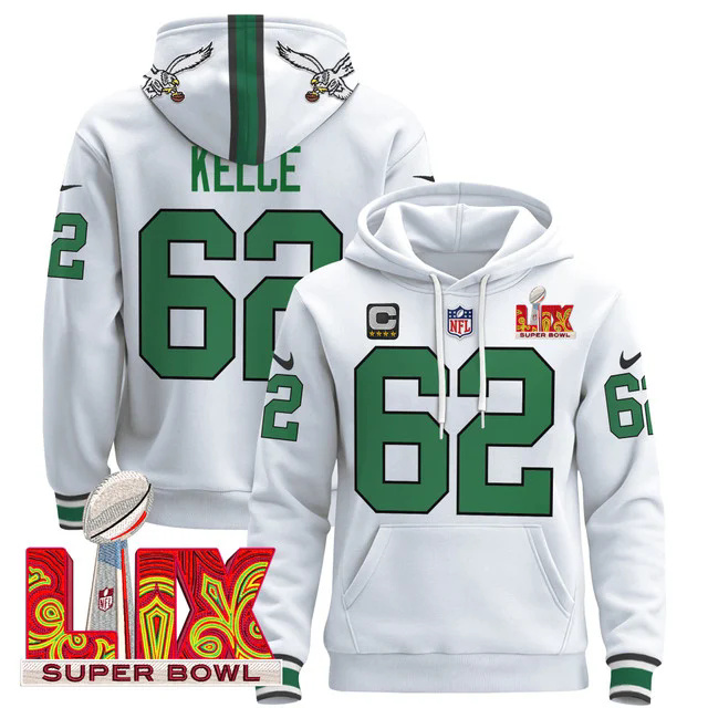 Philadelphia Eagles Super Bowl LIX Patch Pullover Hoodie WHITE1 #62 KELCE.webp