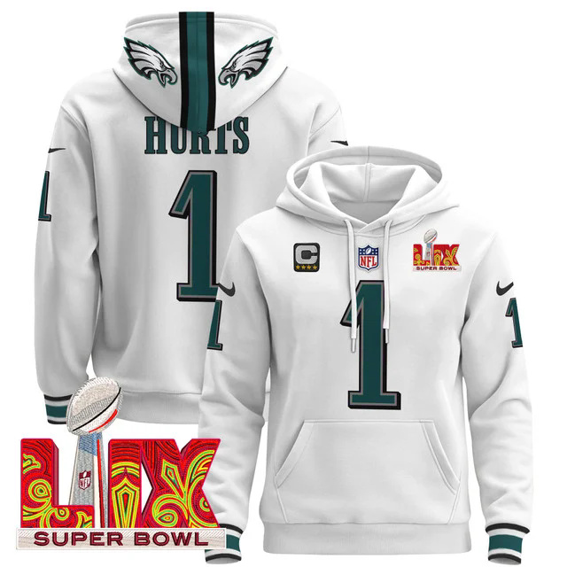 Philadelphia Eagles Super Bowl LIX Patch Pullover Hoodie WHITW #1 HURTS.webp
