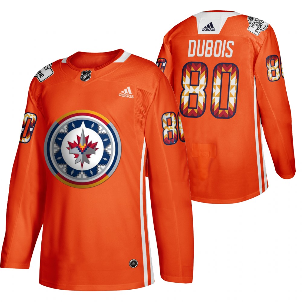 Pierre-Luc Dubois Jets 2022 WASAC Night Jersey Orange Indigenous Warmup