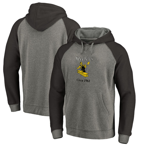 Pittsburgh Steelers NFL Pro Line By Fanatics Branded Throwback Logo Tri-Blend Raglan Pullover Hoodie Gray Black