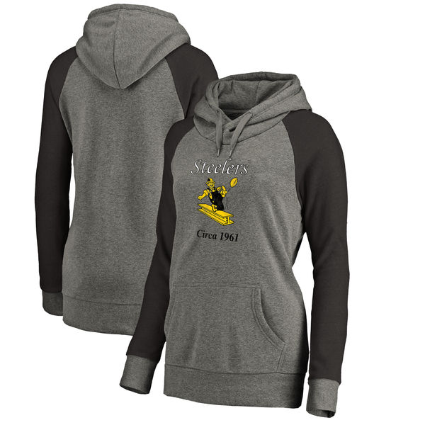 Pittsburgh Steelers NFL Pro Line By Fanatics Branded Women's Throwback Logo Tri-Blend Raglan Plus Size Pullover Hoodie Gray Black