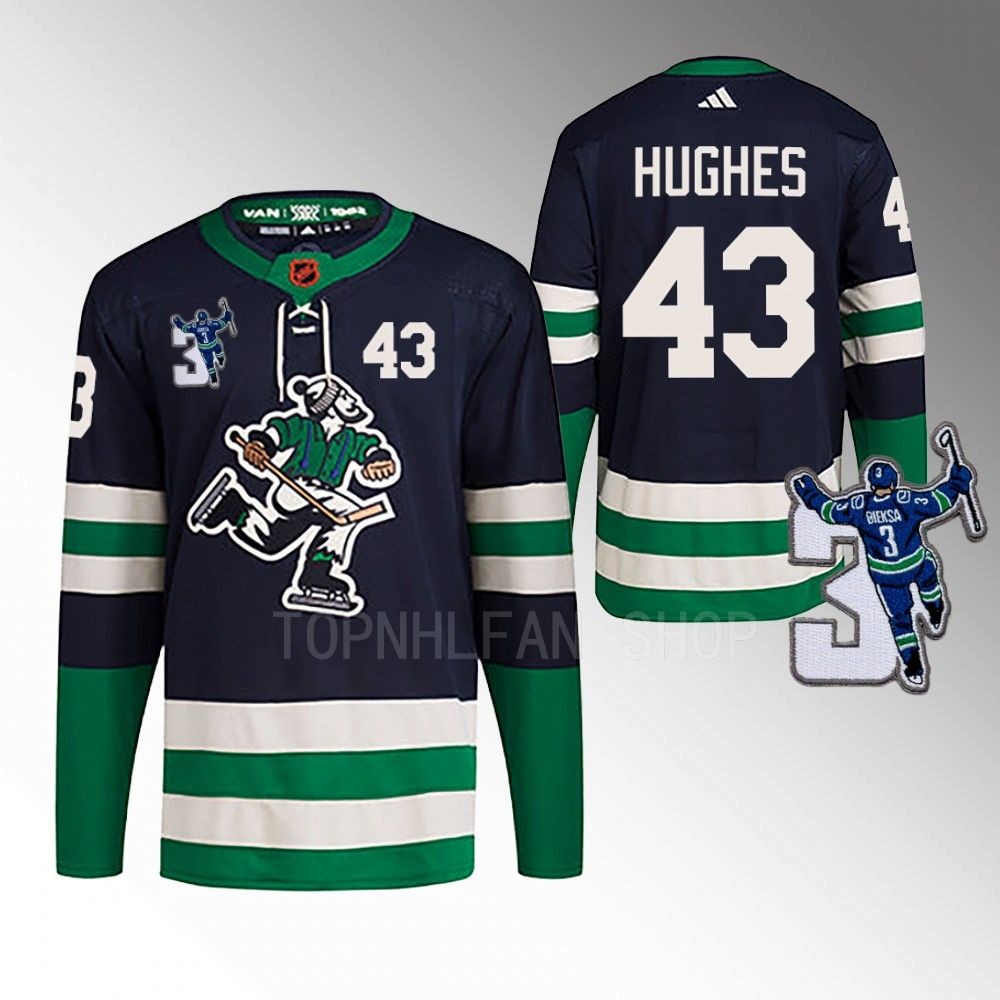 Quinn Hughes Vancouver Canucks Navy Kevin Bieska patch Reverse Retro 2.0 Jersey