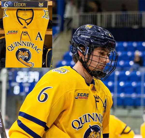 Quinnipiac Bobcats #6 Charlie Leddy Adidas 2026 Gold Hockey Game Jersey 