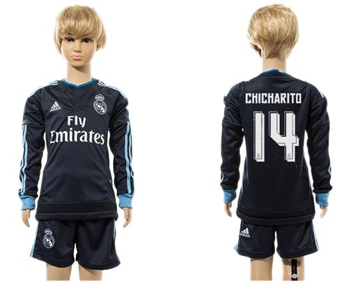 Real Madrid #14 Chicharito Navy Blue Long Sleeves Kid Soccer Club Jersey