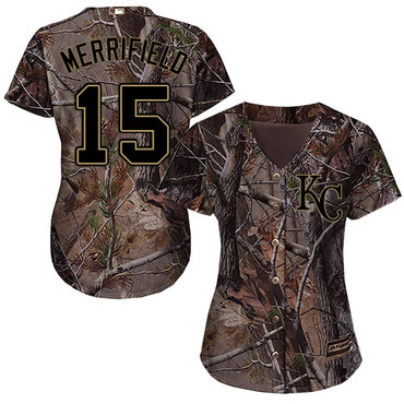 Royals #15 Whit Merrifield Camo Realtree Collection Cool Base Women's Stitched Baseball Jersey
