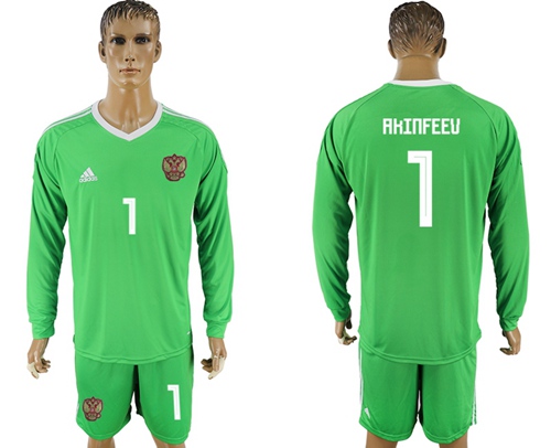 Russia #1 Akinfeev Green Long Sleeves Goalkeeper Soccer Country Jersey