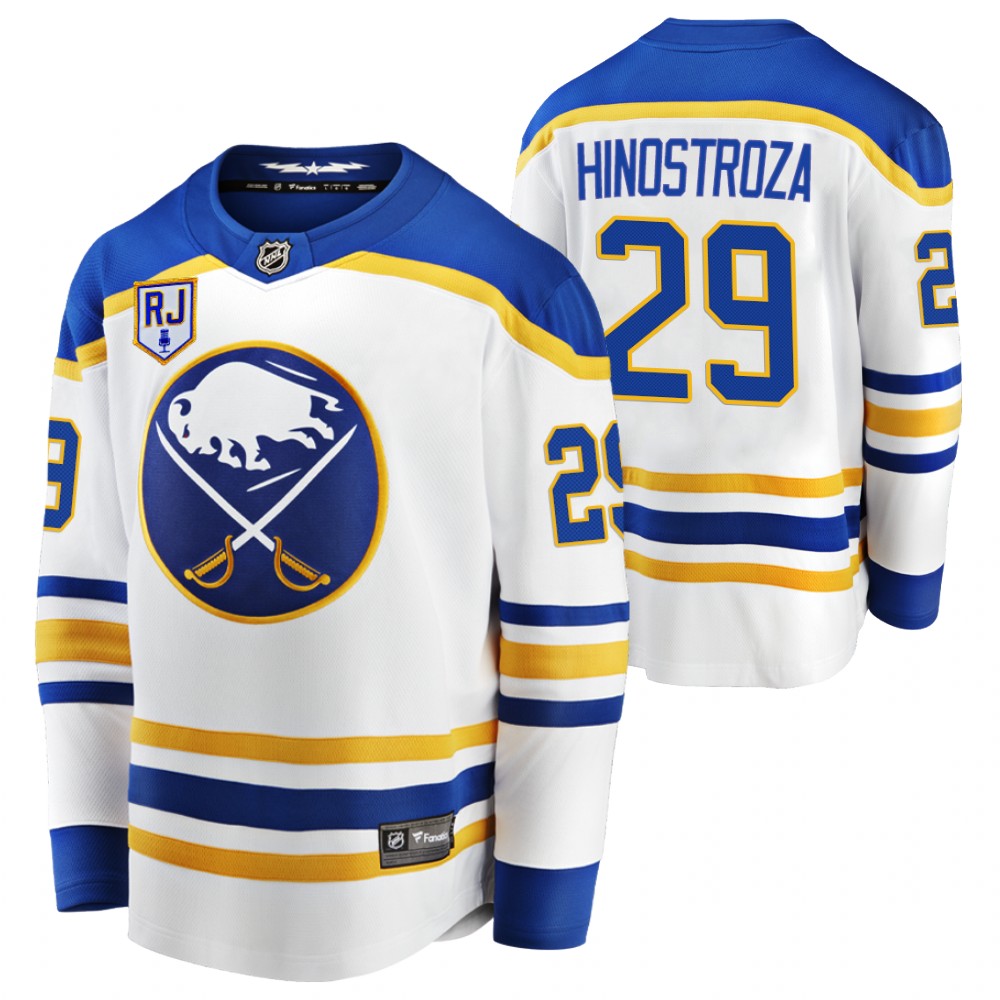 Sabres #29 Vinnie Hinostroza White 2022 Honor Rick Jeanneret patch Jersey