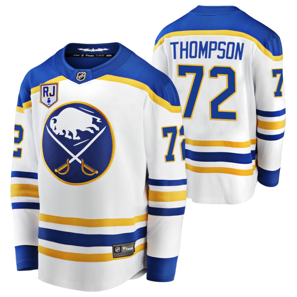 Sabres #72 Tage Thompson White 2022 Honor Rick Jeanneret patch Jersey