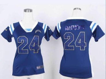 San Diego Chargers 24# Ryan Mathews Womens Draft Him Shimmer V-Neck T-Shirt - Navy Blue