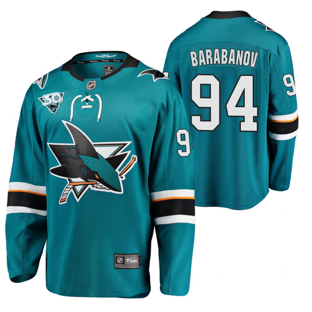 San Jose Sharks Alexander Barabanov Teal Home 30th Anniversary 2021 Jersey