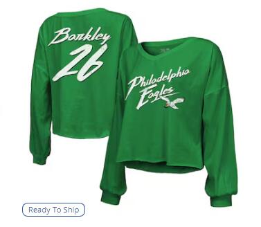 Saquon Barkley Philadelphia Eagles Majestic Threads Women's Name & Number Off-Shoulder Script Cropped Long Sleeve V-Neck T-Shirt - Kelly Green
