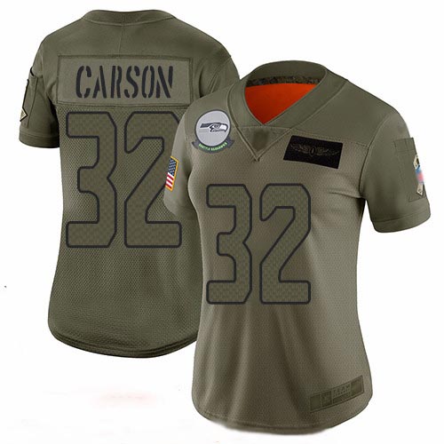 Seahawks #32 Chris Carson Camo Women's Stitched Football Limited 2019 Salute to Service Jersey