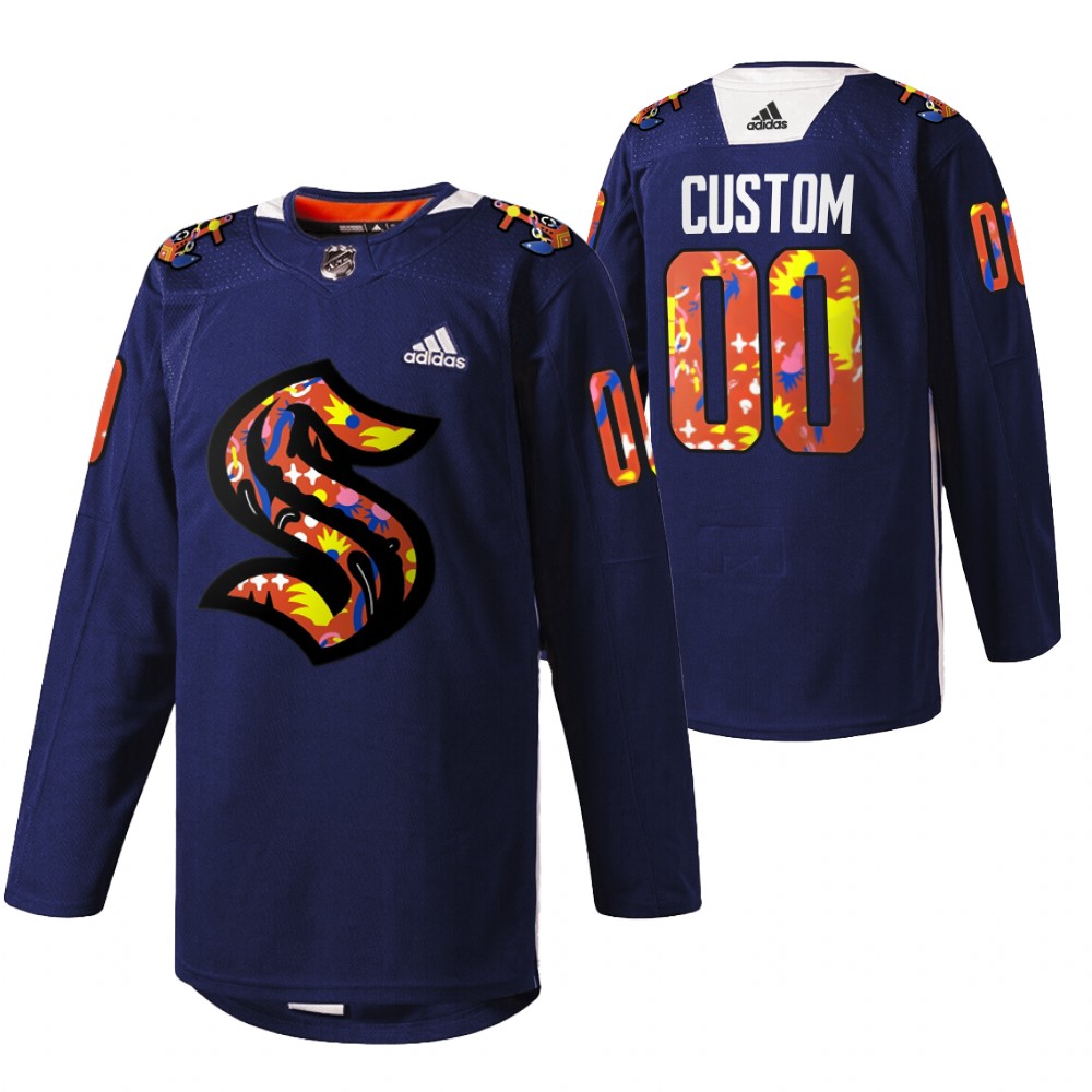 Seattle Kraken Custom 2022 Women of Hockey Stevie Artwork Warmup Jersey Navy