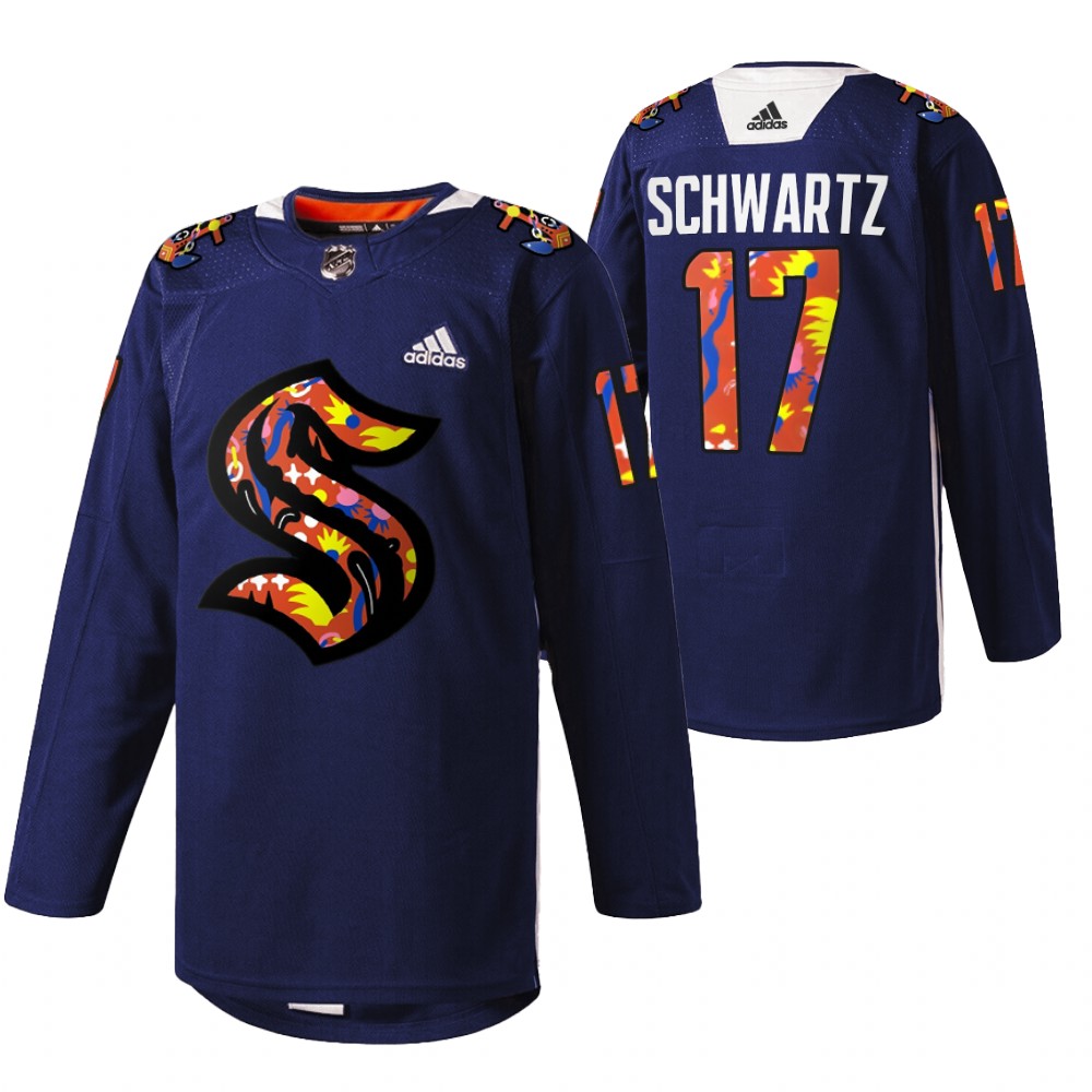 Seattle Kraken Jaden Schwartz 2022 Women of Hockey Stevie Artwork Warmup Jersey Navy