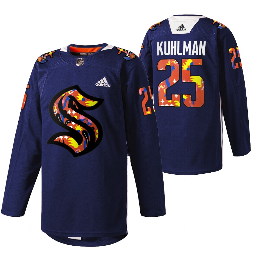 Seattle Kraken Karson Kuhlman 2022 Women of Hockey Stevie Artwork Warmup Jersey Navy