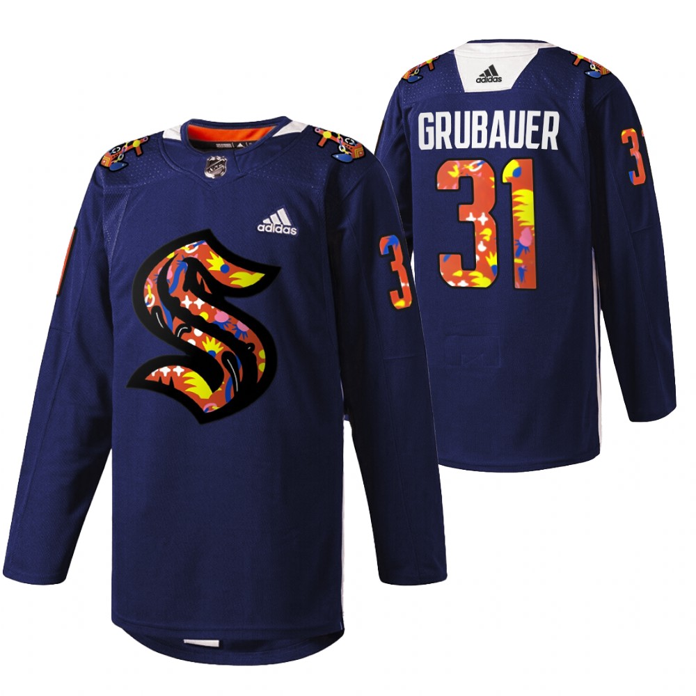 Seattle Kraken Philipp Grubauer 2022 Women of Hockey Stevie Artwork Warmup Jersey Navy