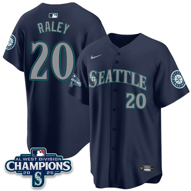 Seattle Mariners 2025 AL West Division Champions Jersey navy #20 Luke Raley