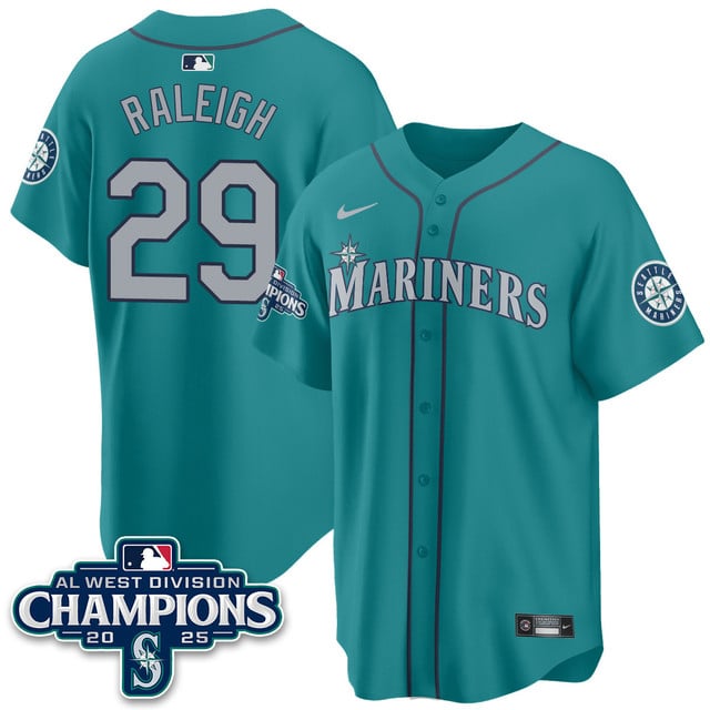 Seattle Mariners 2025 AL West Division Champions Jersey teal #29 Cal Raleigh