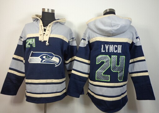 Seattle Seahawks #24  Marshawn Lynch Grey-Blue Sawyer Hooded Sweatshirt Stitched Jersey