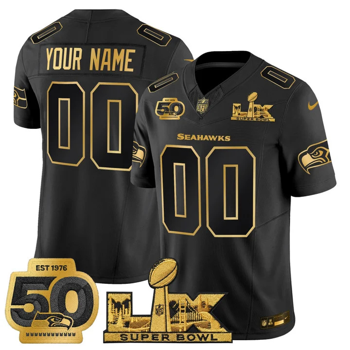 Seattle Seahawks Super Bowl LX & 50th Patch Gold Vapor Limited Custom Jersey BLACK GOLD