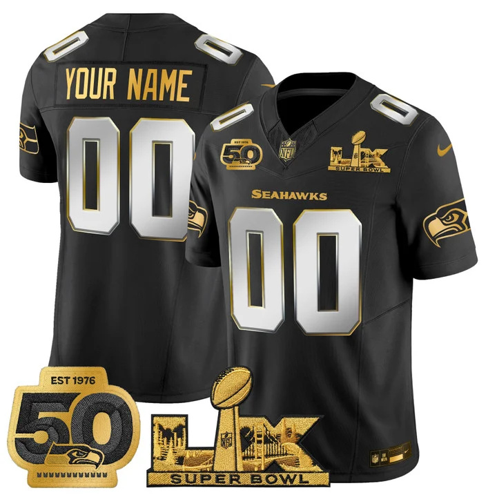 Seattle Seahawks Super Bowl LX & 50th Patch Gold Vapor Limited Custom Jersey BLACK LIMITED