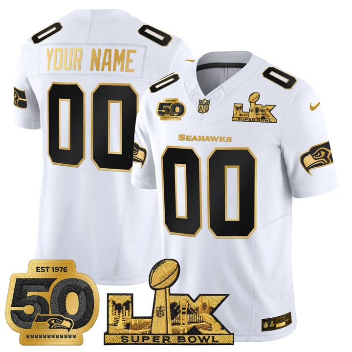 Seattle Seahawks Super Bowl LX & 50th Patch Gold Vapor Limited Custom Jersey WHITE GOLD