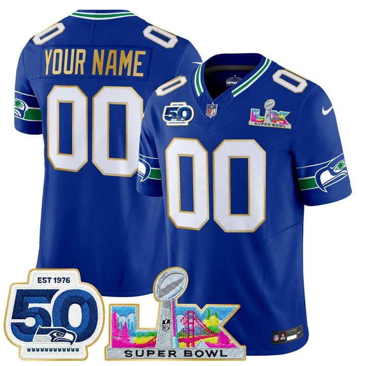 Seattle Seahawks Super Bowl LX 50th Patch Gold Trim Vapor Limited Custom Jersey ROYAL ROYAL